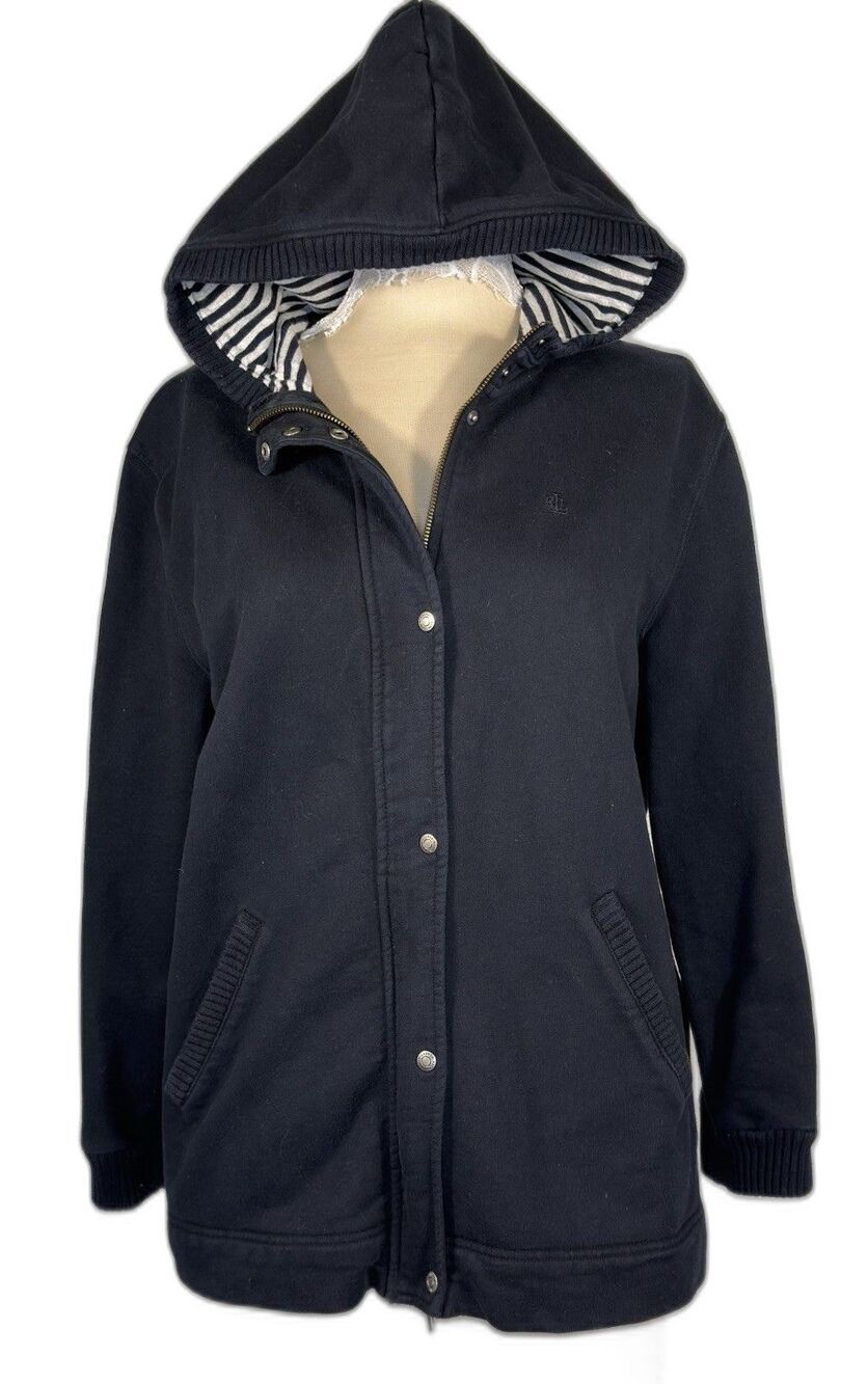 Lauren Ralph Lauren Womens XL Black Cotton Hooded Jacket Full Zip Snap Y2K